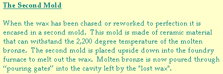 The Second Mold.  When the wax has been chased or reworked to perfection it is encased in a second mold.  This mold is made of ceramoc material that can withstand the 2,000 degree temperature of the molten bronze.  The second mold is placed upside down into the foundry furnace to melt out the wax.  Molten bronze is now poured through "pouring gates" into the cavity left by the "lost wax"    Jozef Sumichrast